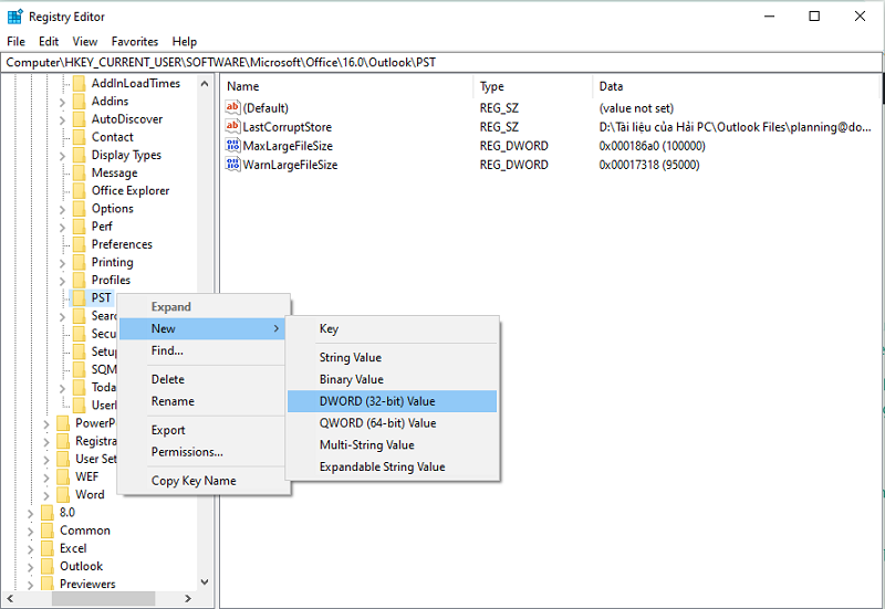 Truy cập tới mục PST trong Windows Registry theo đường dẫn