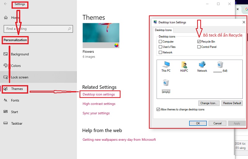 Thao tác ẩn icon Recycle bin khỏi Desktop