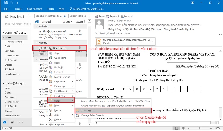 Thêm quy tắc Rules để tự động phân loại email